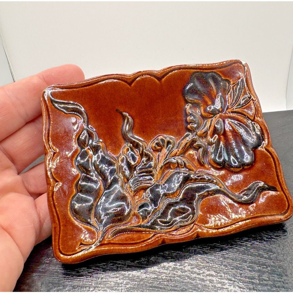 Vintage Haeger Pottery floral soap dish/ trinket dish model 930 Brown Earth Tone